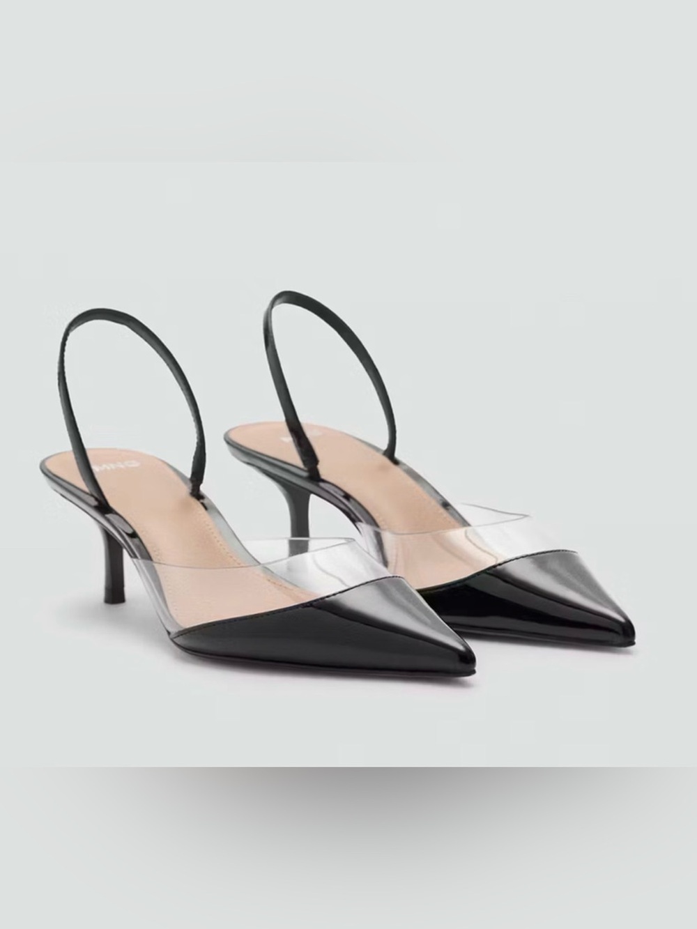 NEW MANGO MNG BLACK VINYL CLEAR PANEL SLINGBACK HIGH HEELS SHOES SZ 35 US 5